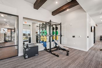 A gym with a weight rack, bench, and weights
